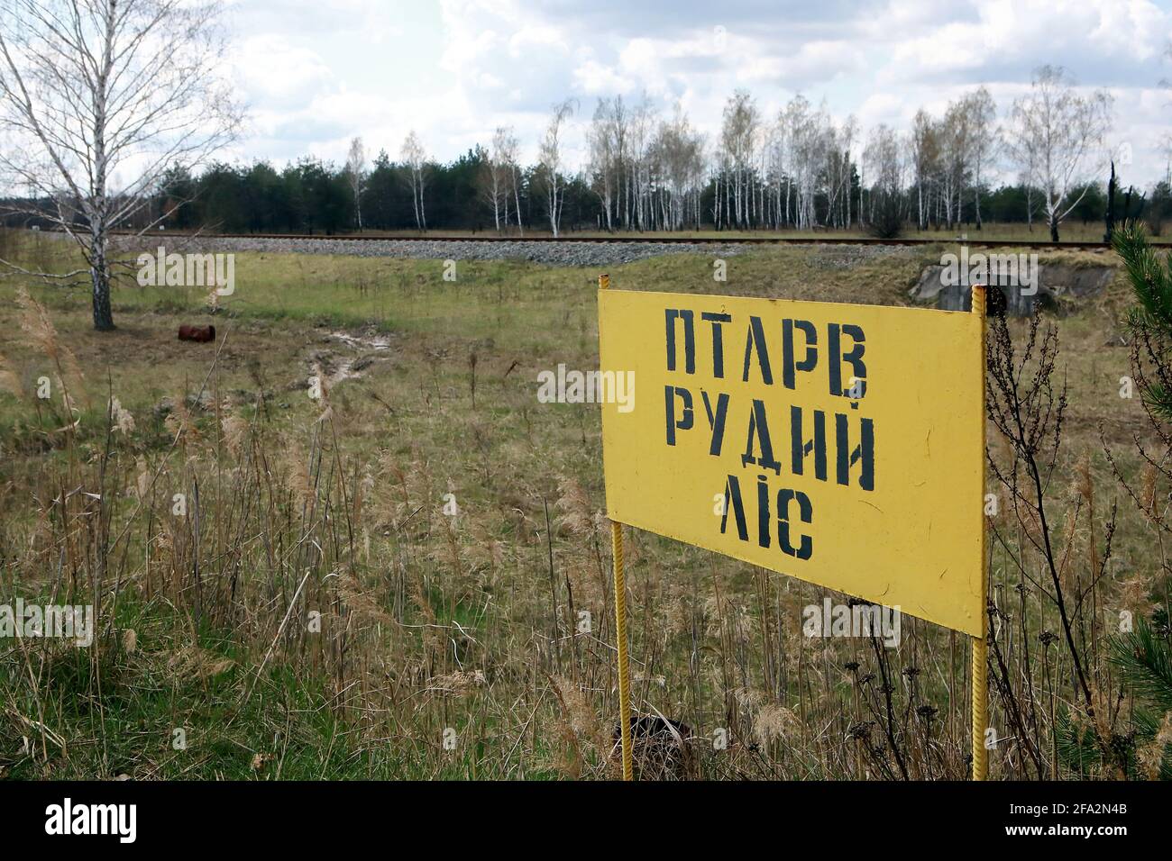 KYIV REGION, UKRAINE - APRIL 21, 2021 - The sign marks the territory of the Red Forest, Kyiv Region, northern Ukraine. Stock Photo