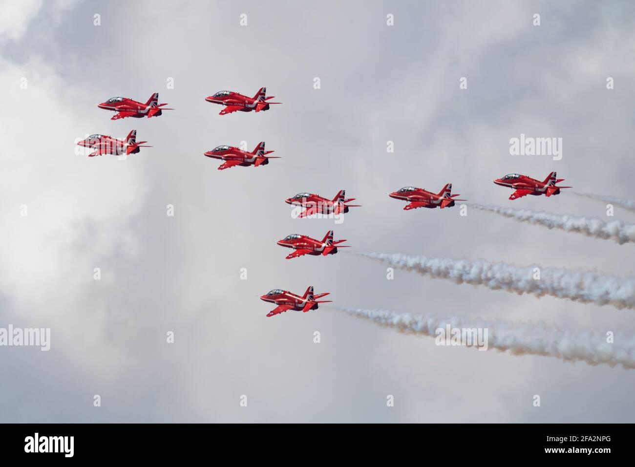 Royal Air Force aerobatic team Red Arrows with BAe Hawk T1A display for RIAT Royal International Air Tattoo 2018 airshow Stock Photo