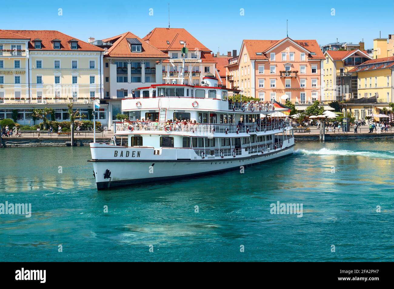 Ferry in the port of Lindau. City on Lake Constance in Bavaria, Germany Stock Photo
