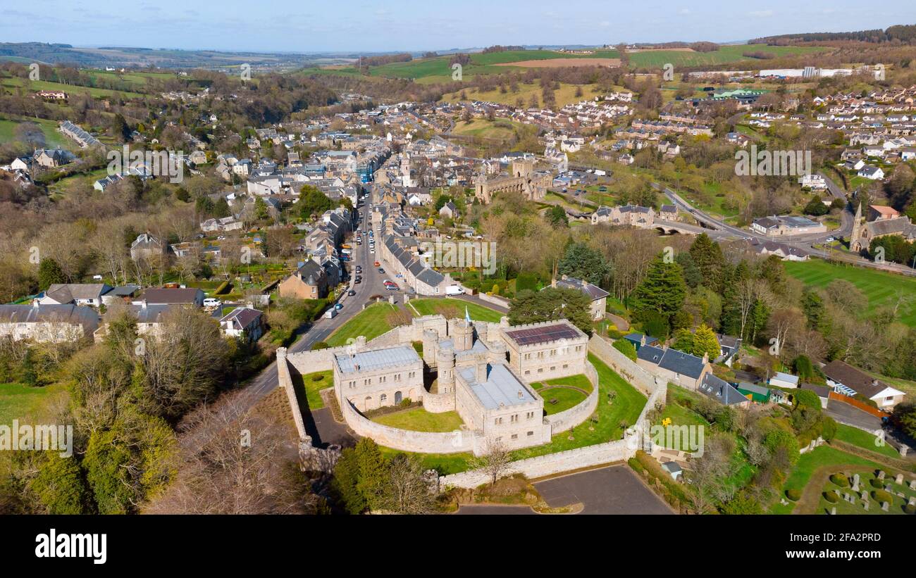Aerial view from drone of Jedburgh Castle and Jail in Jedburgh, Scottish Borders, Scotland, UK Stock Photo