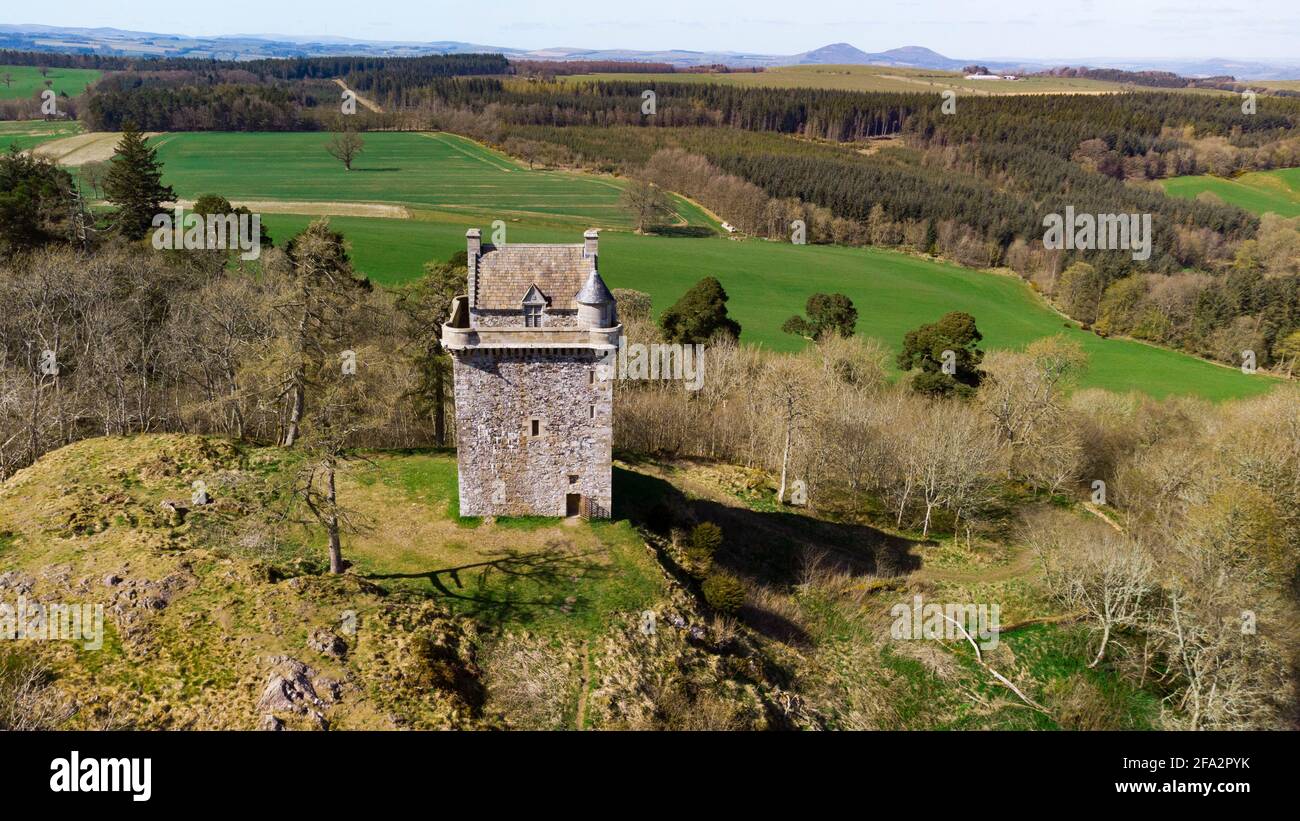 Aerial view of Fatlips Castle, or Minto Castle, a peel tower in