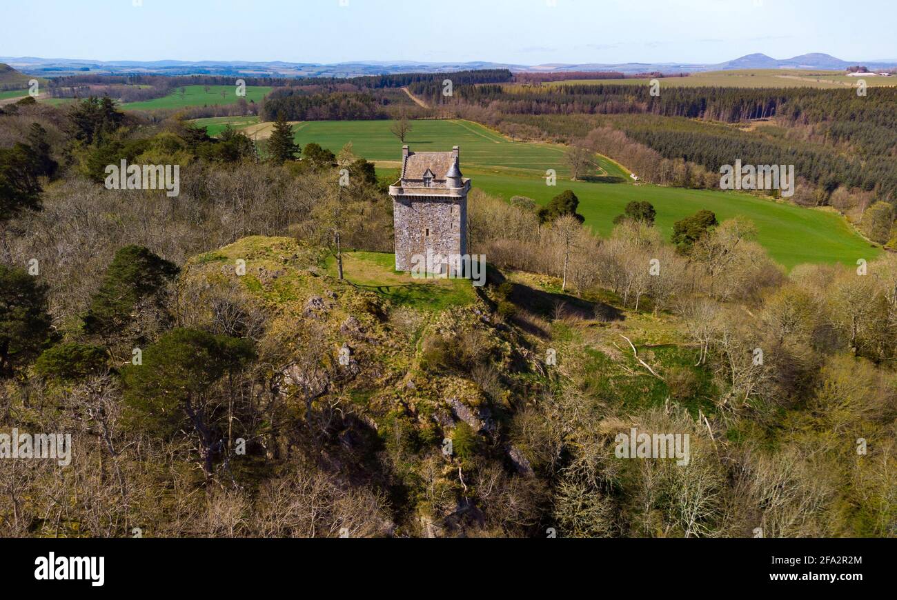 Aerial view of Fatlips Castle, or Minto Castle, a peel tower in Roxburghshire, in the Scottish Borders, Scotland, UK Stock Photo