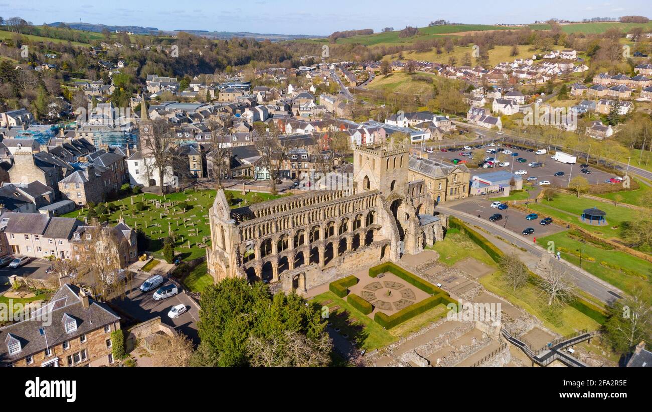 Aerial view from drone of Jedburgh Abbey ( closed during lockdown) in Jedburgh, Scottish Borders, Scotland, UK Stock Photo