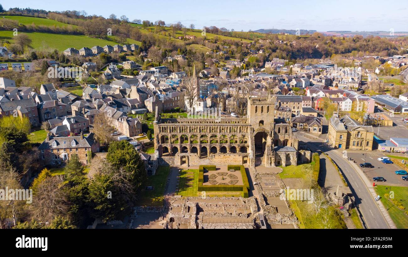 Aerial view from drone of Jedburgh Abbey ( closed during lockdown) in Jedburgh, Scottish Borders, Scotland, UK Stock Photo