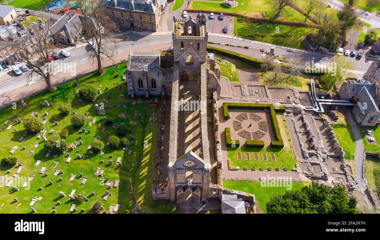 Aerial view from drone of Jedburgh Abbey ( closed during lockdown) in Jedburgh, Scottish Borders, Scotland, UK Stock Photo