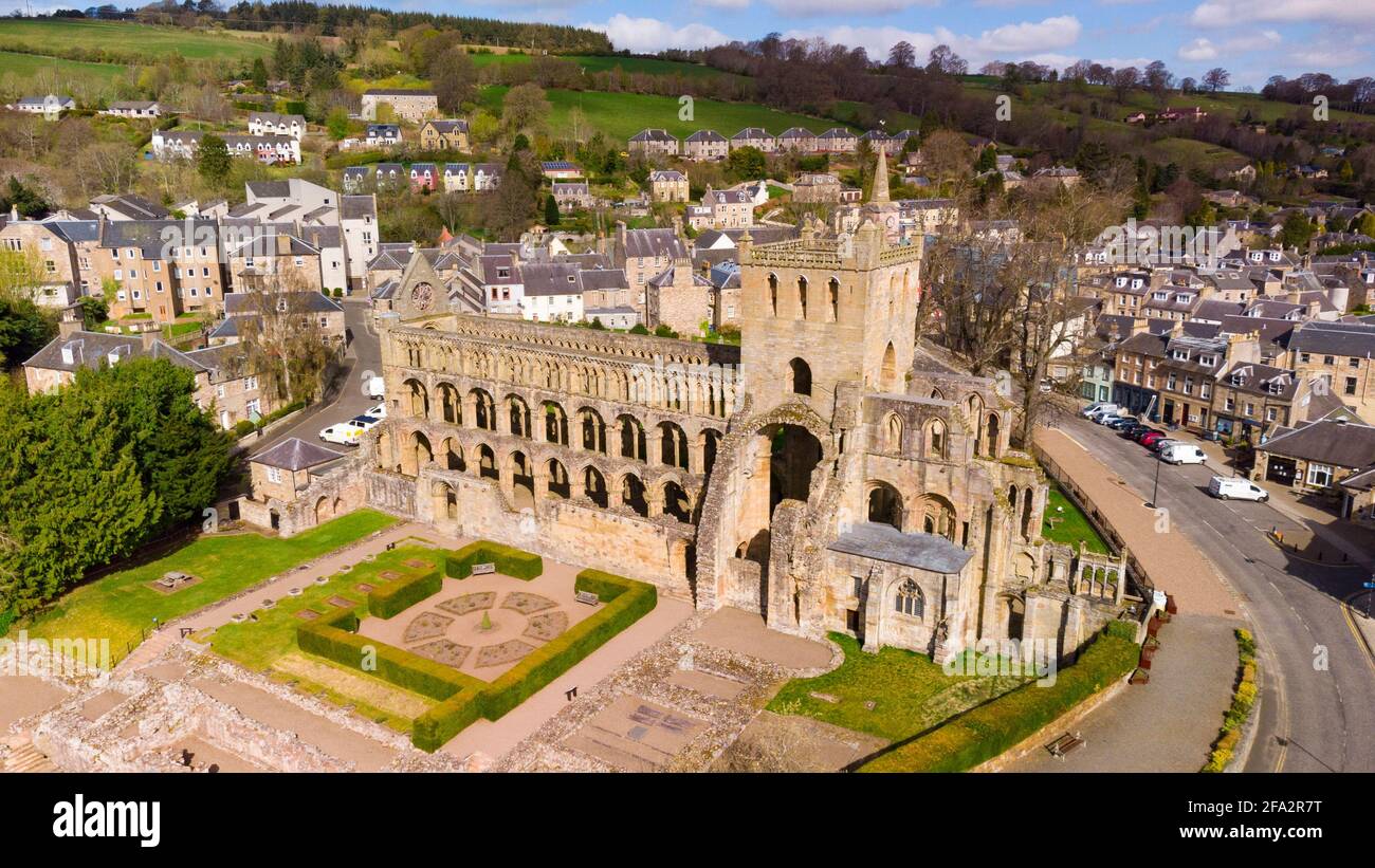 Aerial view from drone of Jedburgh Abbey ( closed during lockdown) in Jedburgh, Scottish Borders, Scotland, UK Stock Photo