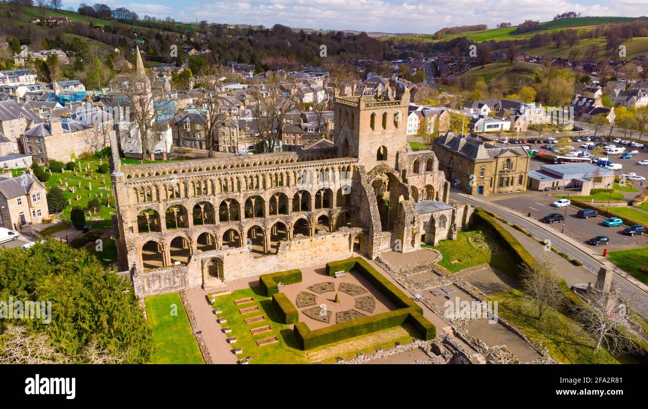 Aerial view from drone of Jedburgh Abbey ( closed during lockdown) in Jedburgh, Scottish Borders, Scotland, UK Stock Photo