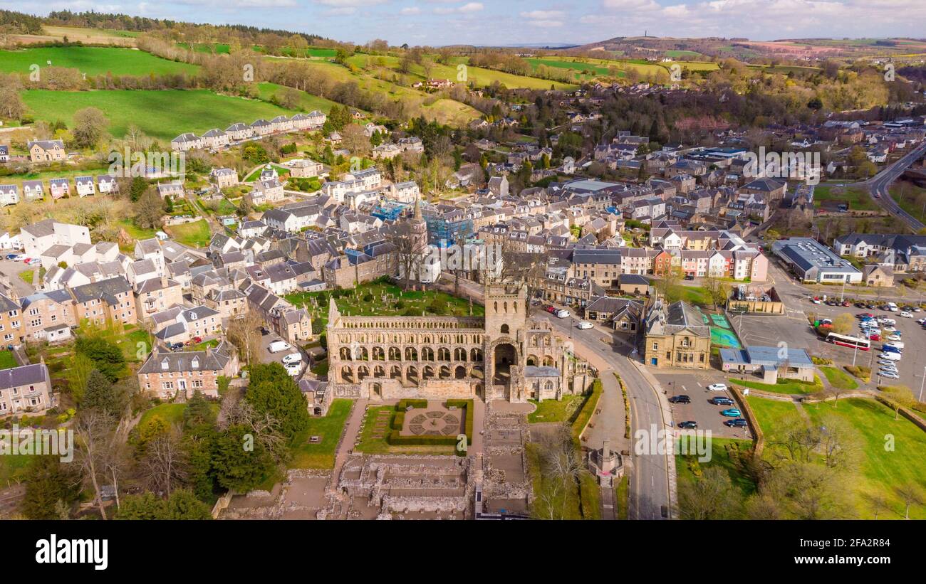 Aerial view from drone of Jedburgh Abbey ( closed during lockdown) and town in Jedburgh, Scottish Borders, Scotland, UK Stock Photo