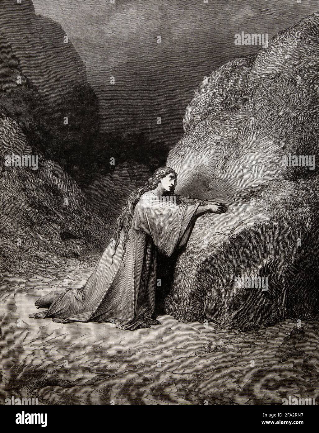Bible Story illustration of Mary Magdalene Repentant  (Luke 8:2) by gustave Dore Stock Photo