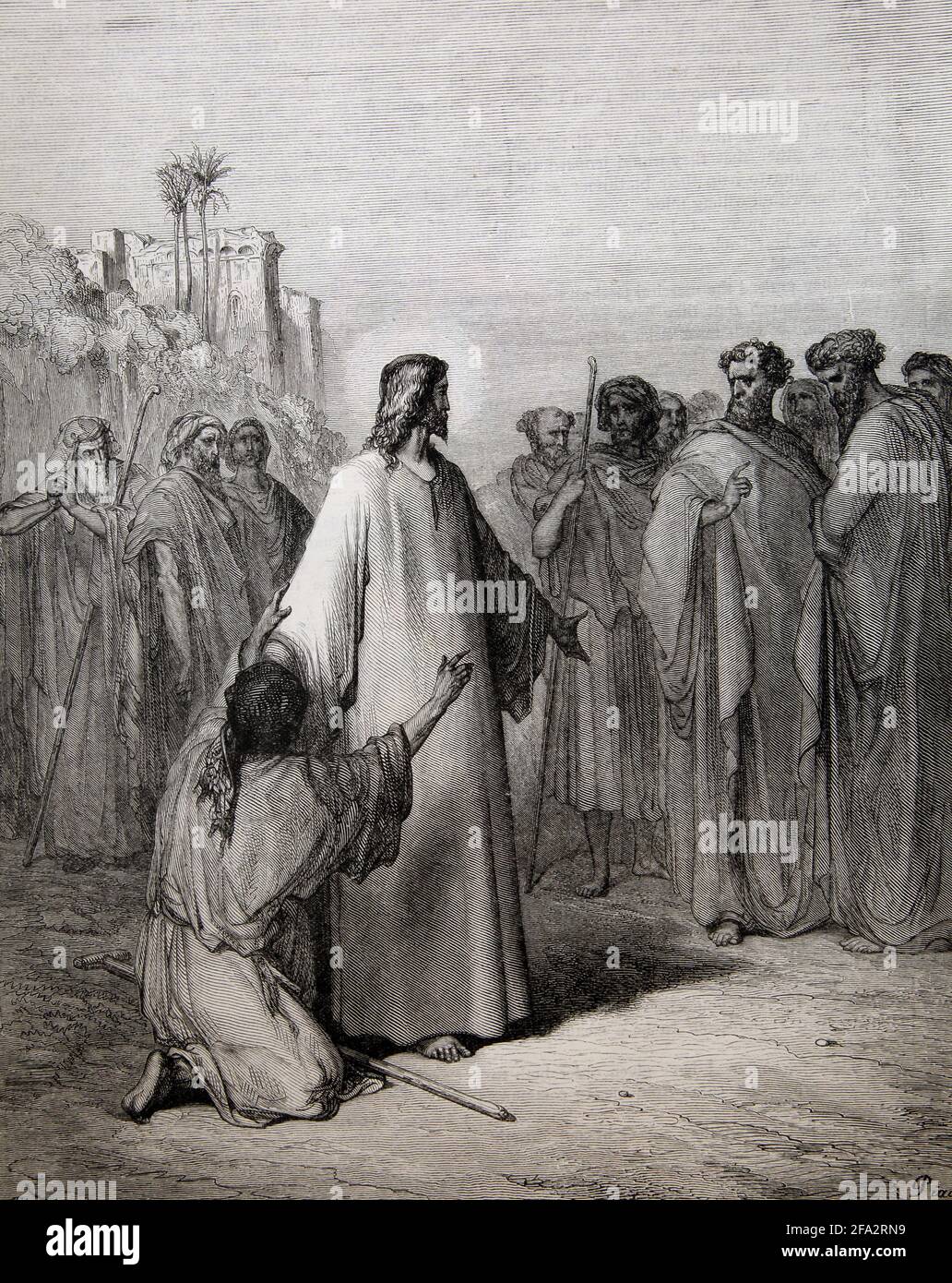 Bible Story Illustration Jesus Healing the man Possessed with th Devil (Luke 4:36-37) by gustave Dore Stock Photo