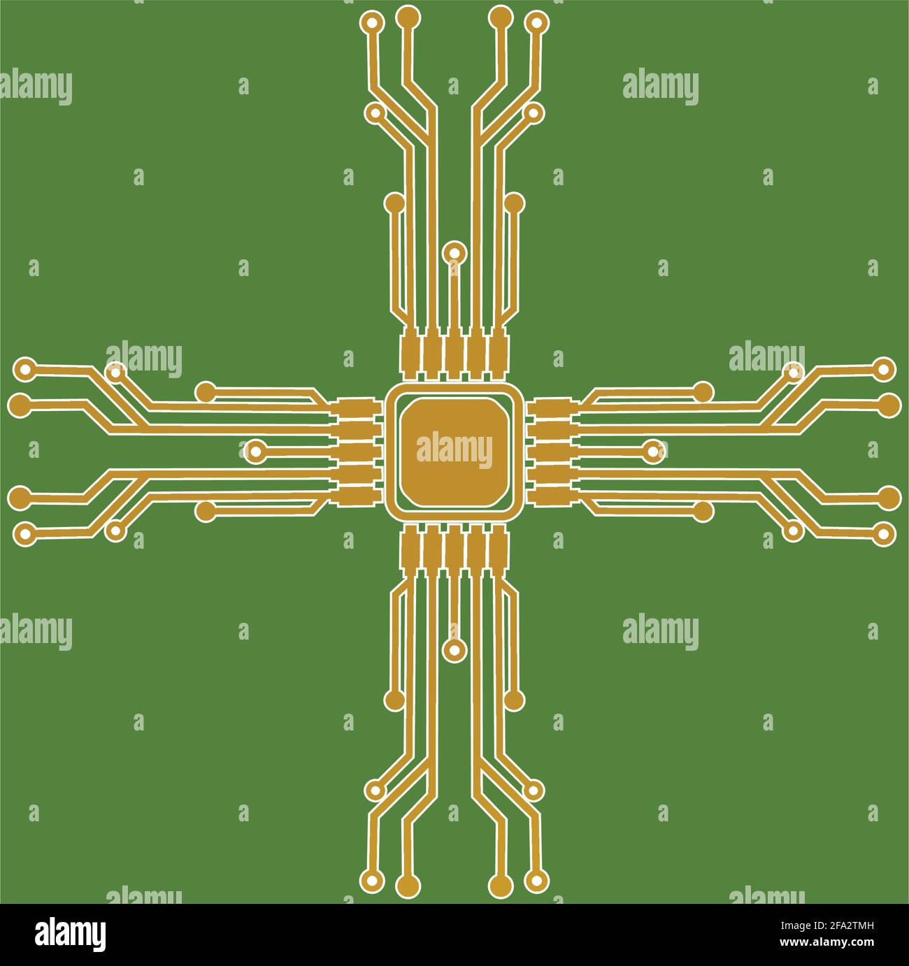 Flat Microelectronics Circuits. Circuit board vector, green background. Stock Vector