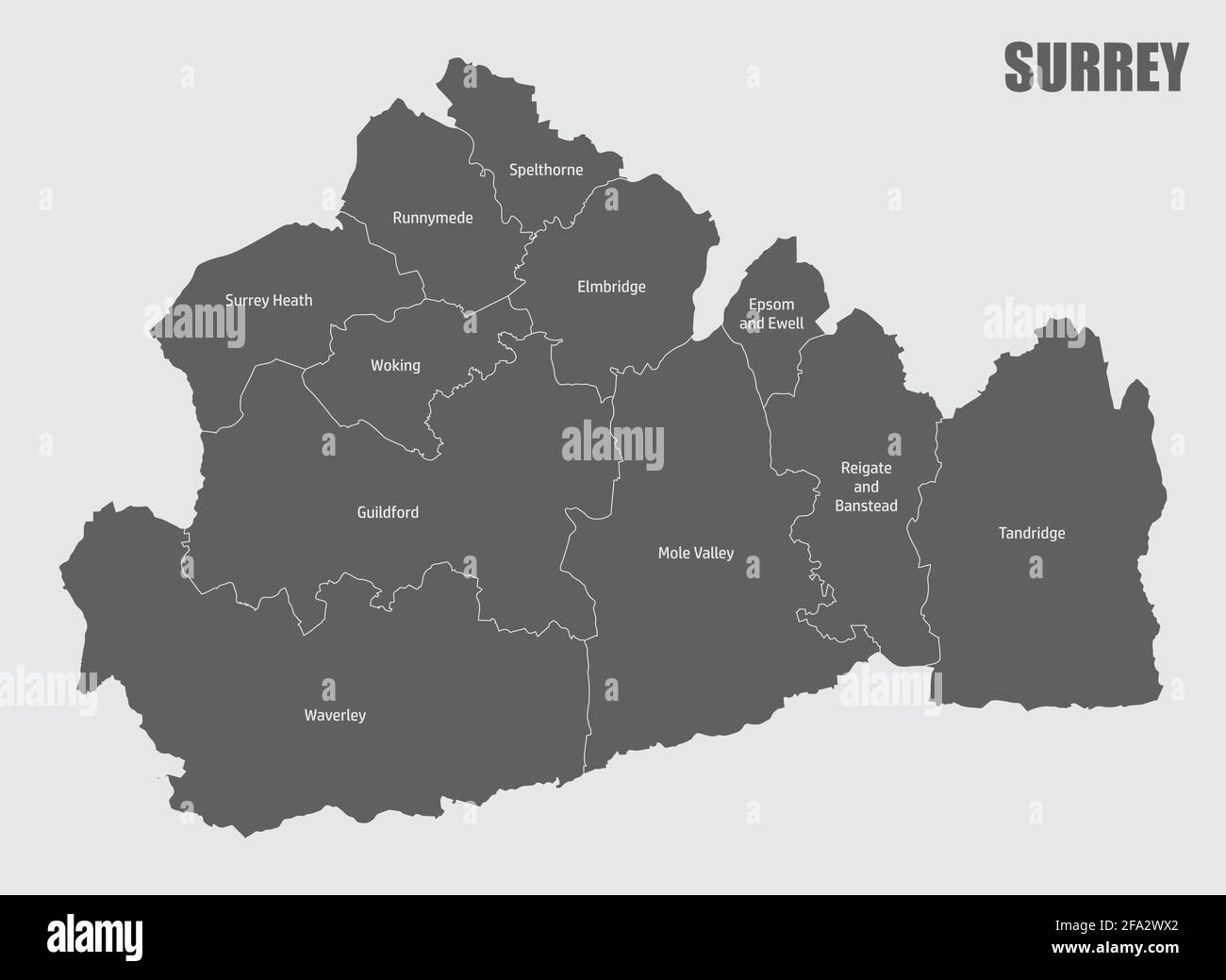 The Surrey county isolated map divided in districts with labels, England Stock Vector