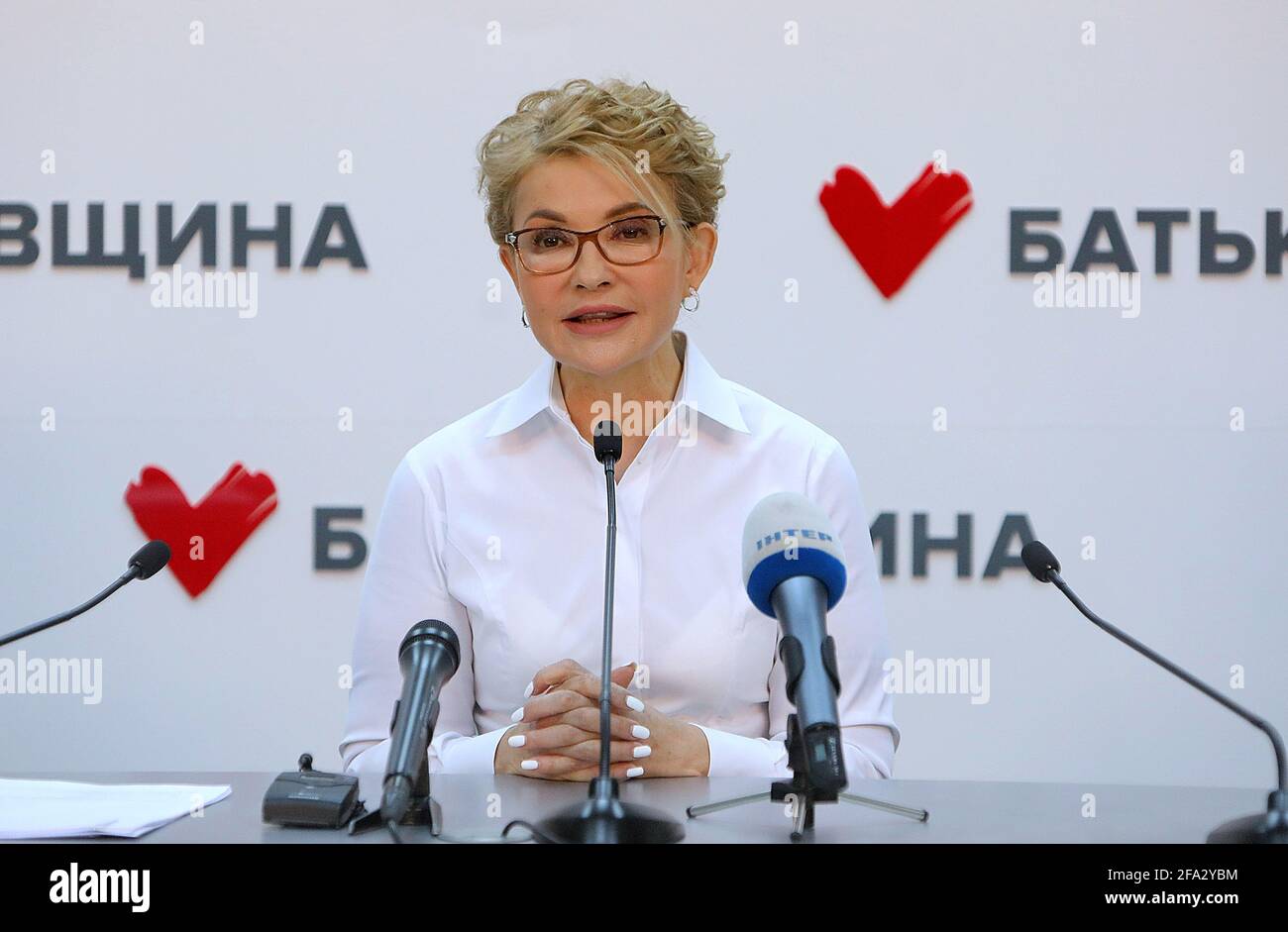 KYIV, UKRAINE - APRIL 22, 2021 - Batkivshchyna leader Yulia Tymoshenko holds a news conference, Kyiv, capital of Ukraine. Stock Photo