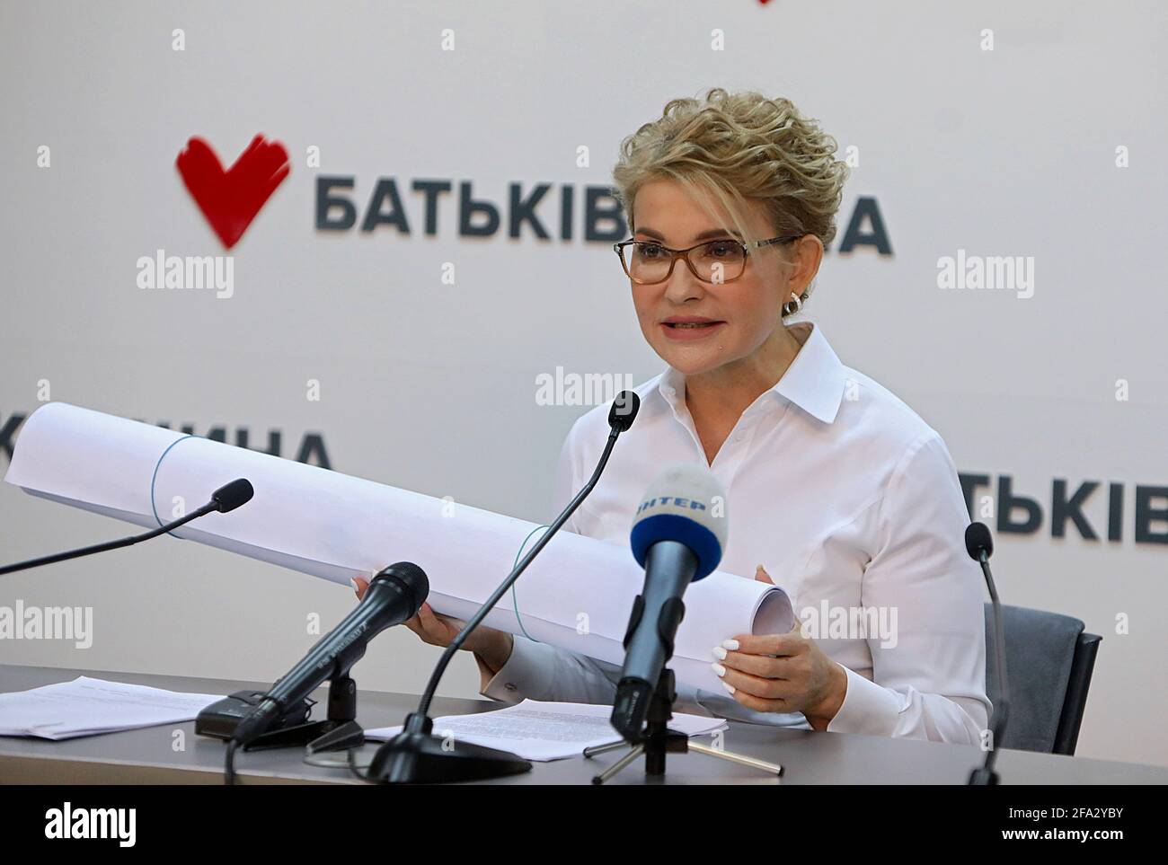 KYIV, UKRAINE - APRIL 22, 2021 - Batkivshchyna leader Yulia Tymoshenko holds a news conference, Kyiv, capital of Ukraine. Stock Photo
