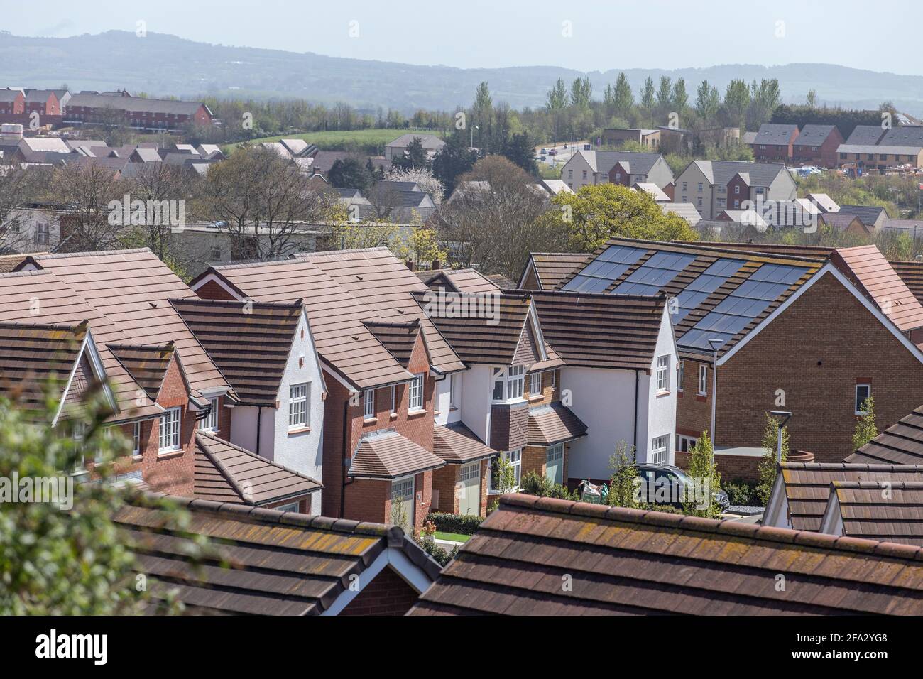 Looking across the roofs of new build houses at Pinhoe Exeter, Devon