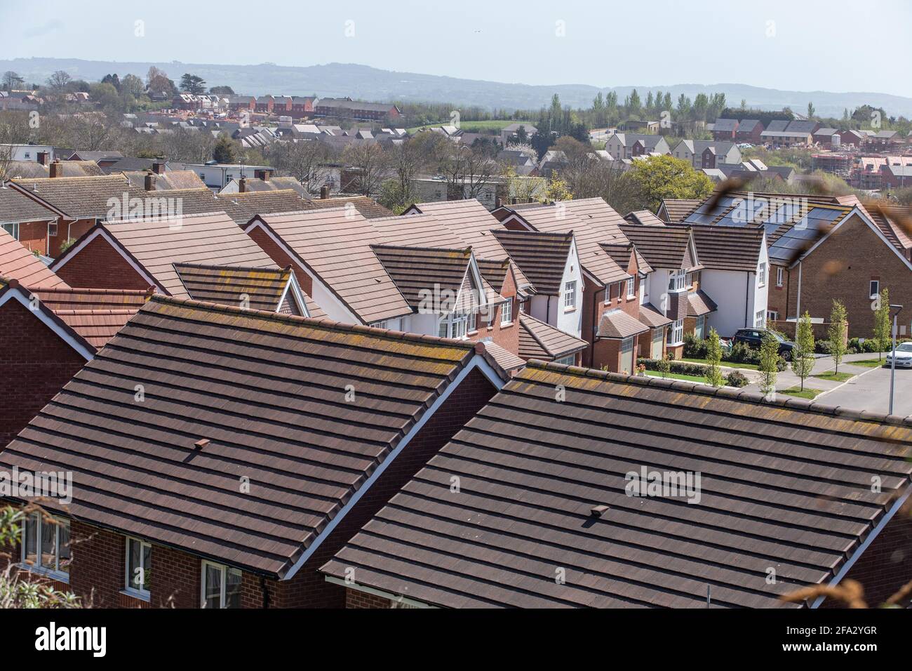 Looking across the roofs of new build houses at Pinhoe Exeter, Devon. New home building, property. Stock Photo