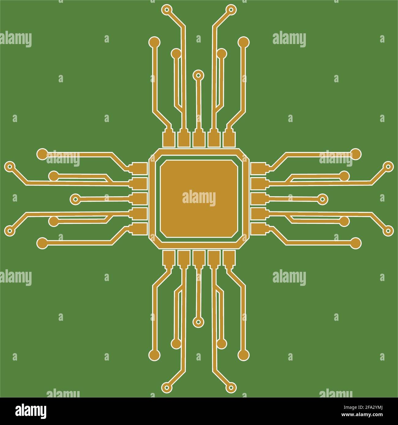 Flat Microelectronics Circuits. Circuit board vector, green background. Stock Vector