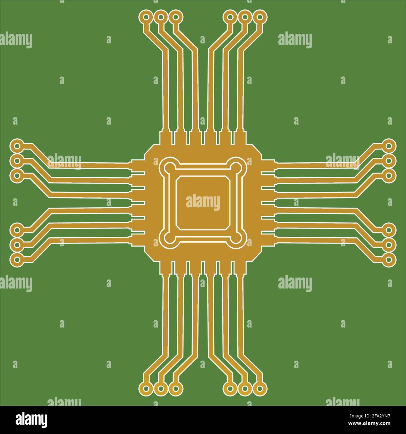 Flat Microelectronics Circuits. Circuit board vector, green background. Stock Vector