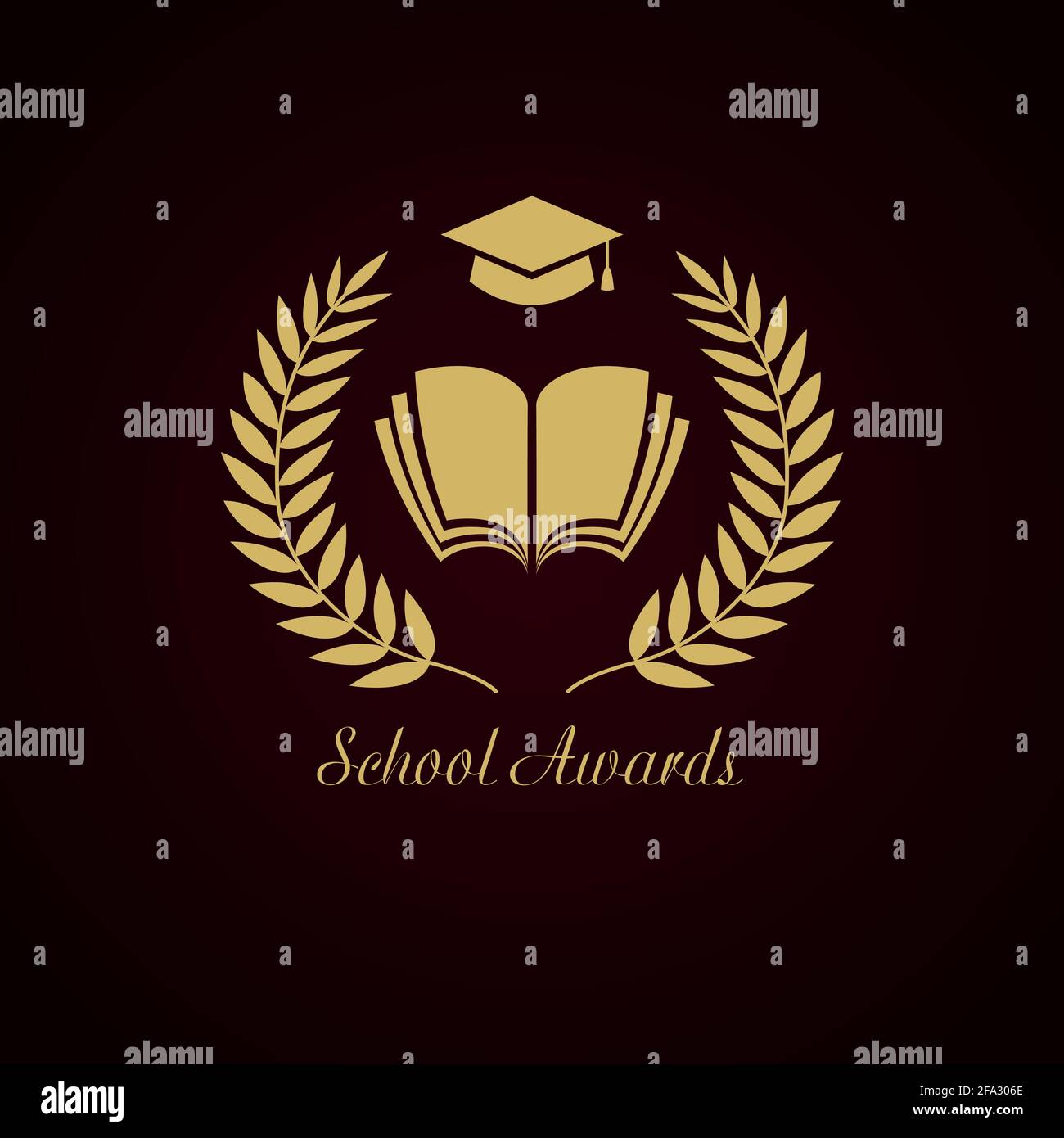 Educational awards logotype concept. Gold wreath, notebook and graduating hat. Creative school prize. Isolated abstract graphic design template. Nomin Stock Vector