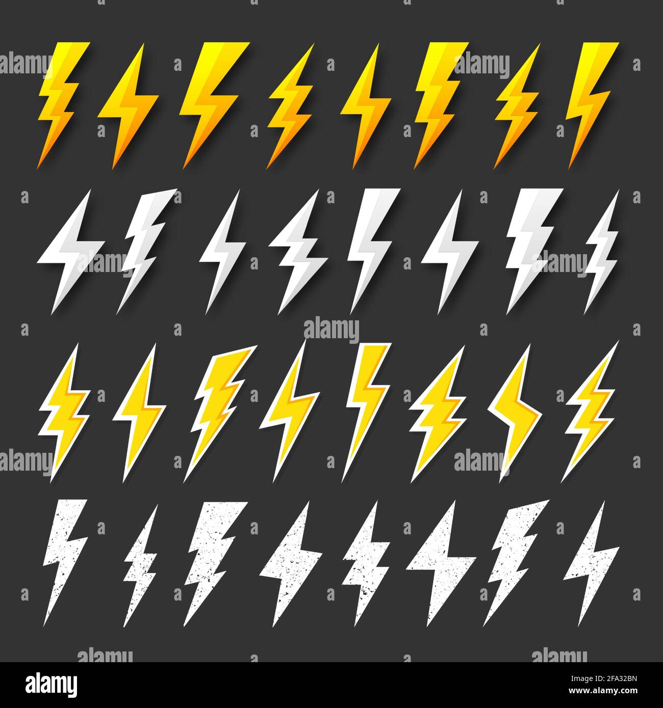 White and yellow lightning bolt icons collection. Vintage flash symbol ...