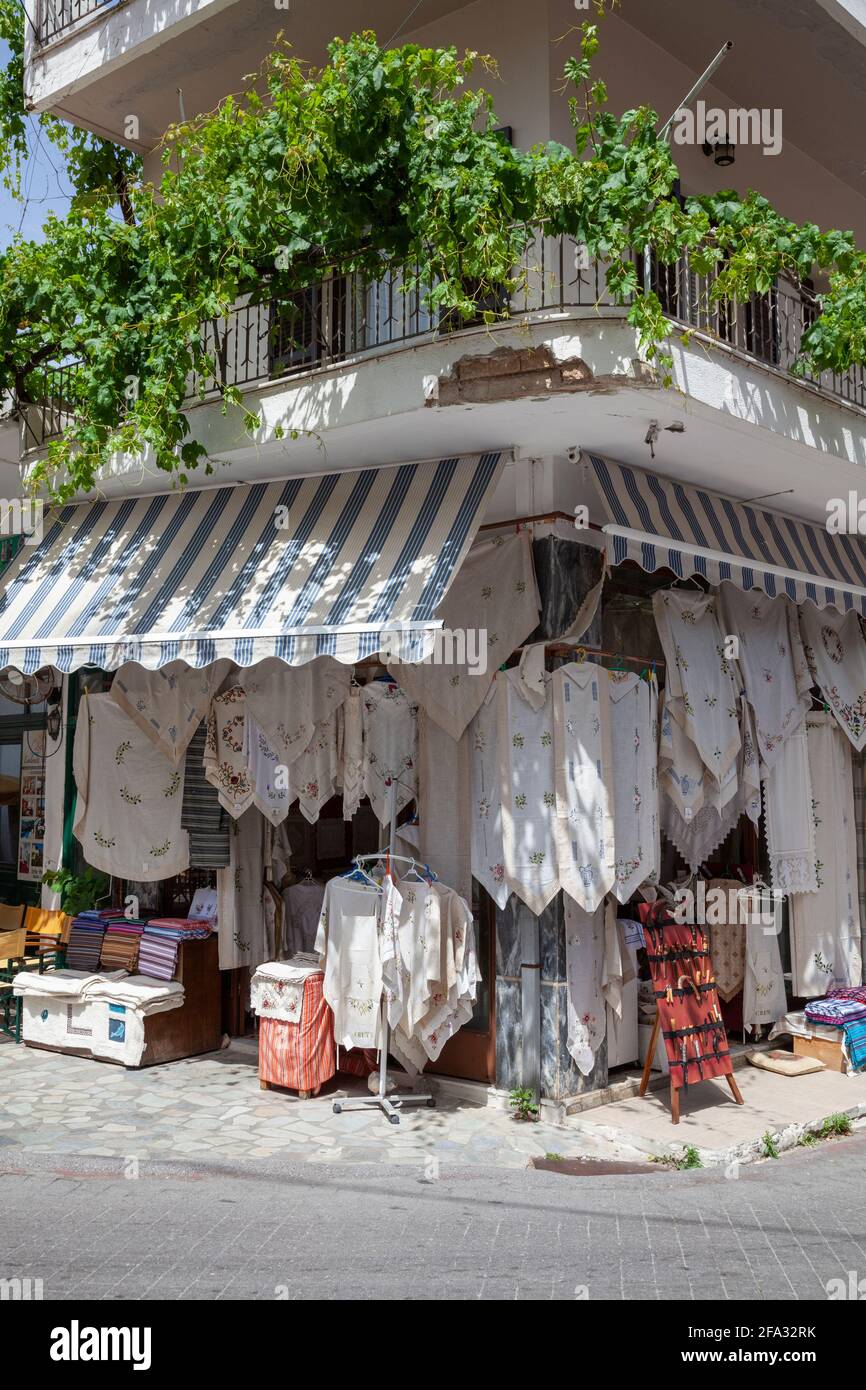 Shop with textile in Spili, Crete, Greece, Europe. Photo V.D. Stock Photo