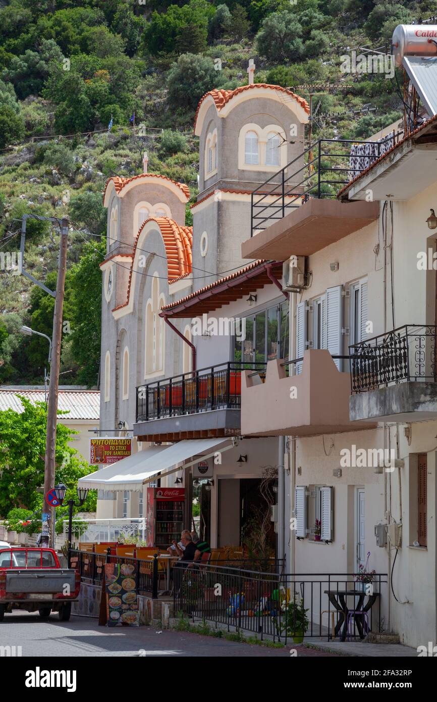 Spili, Crete, Greece, Europe. Streetview with church and bar. Photo V.D. Stock Photo