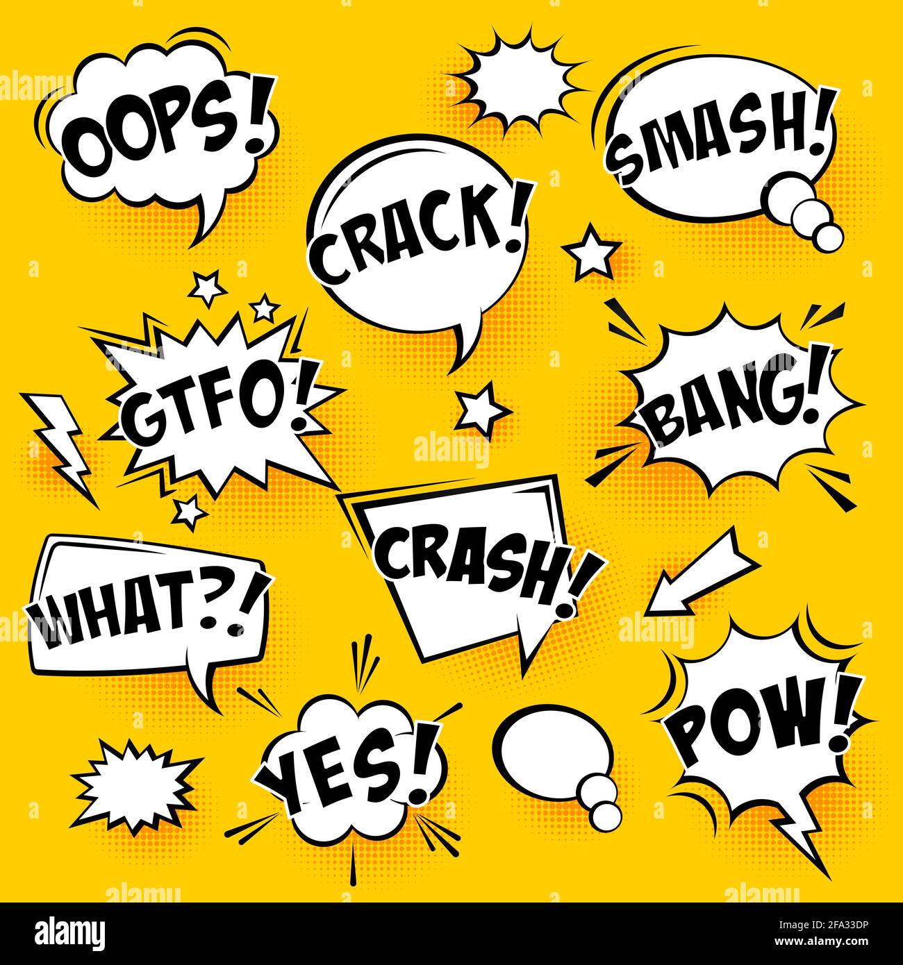 Comic speech bubbles with halftone shadows and text on yellow ...