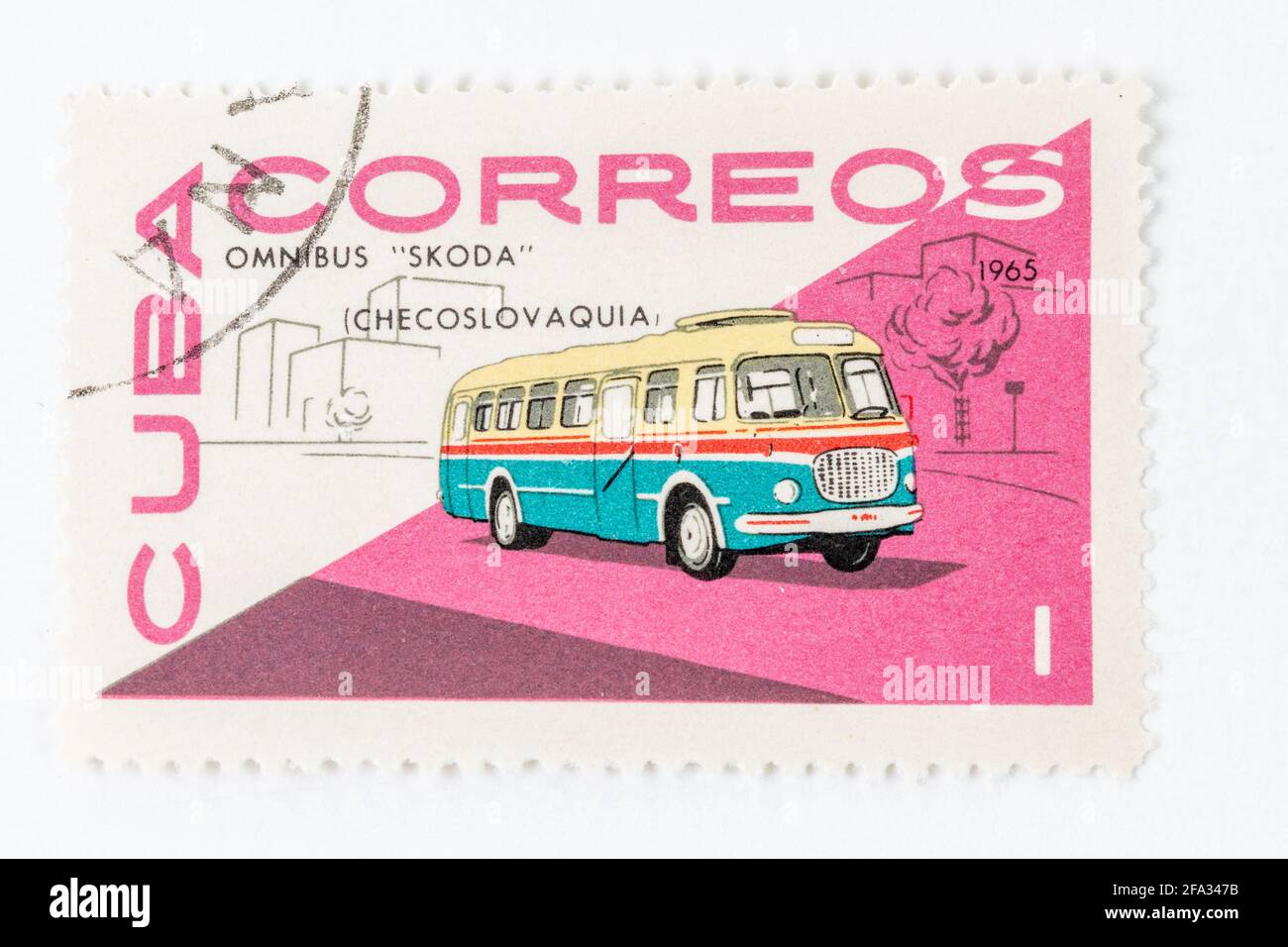 'Cuba Correos' antique stamp based on the theme transportation. Skoda bus from Czechoslovakia Stock Photo