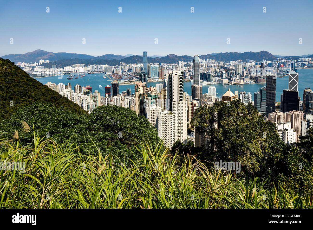 View across Hong Kong from Victoria Peak. Popular travel destination. Harbour and high-rise buildings dominate the skyline landscape. Stock Photo
