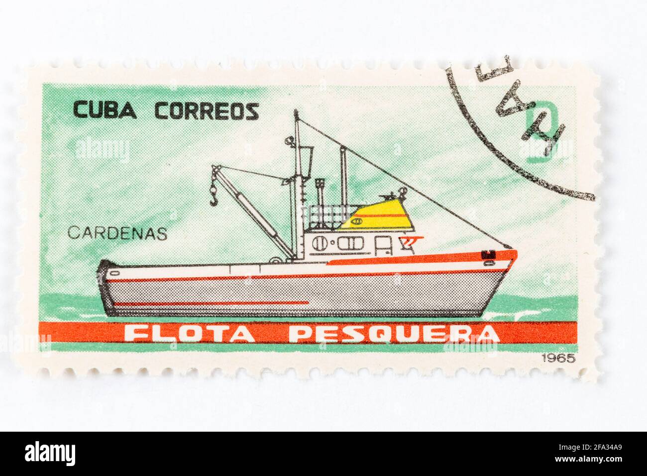 'Cuba Correos' antique postage stamp themed in the fishing fleet of the country. Date of emission 1965. The ship named 'Cardenas' Stock Photo