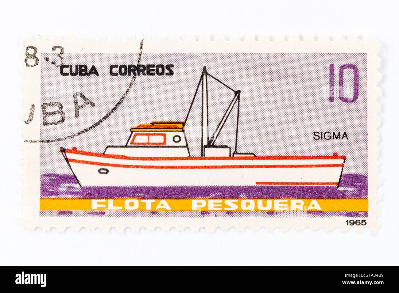 'Cuba Correos' antique postage stamp themed in the fishing fleet of the country. Date of emission 1965. Ship named 'Sigma' Stock Photo