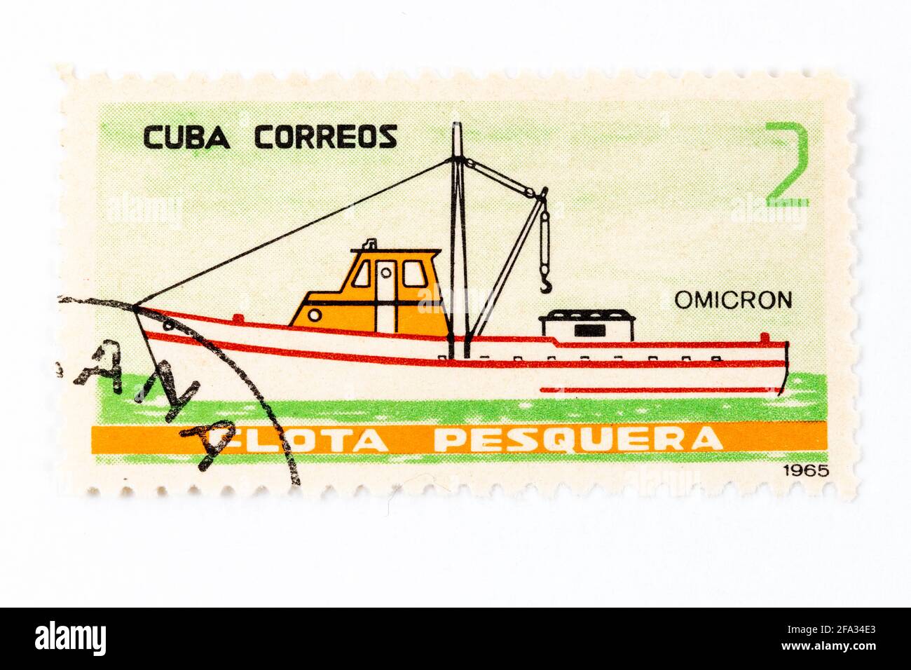 'Cuba Correos' antique postage stamp themed in the fishing fleet of the country. Date of emission 1965. The ship named 'Omicron' Stock Photo