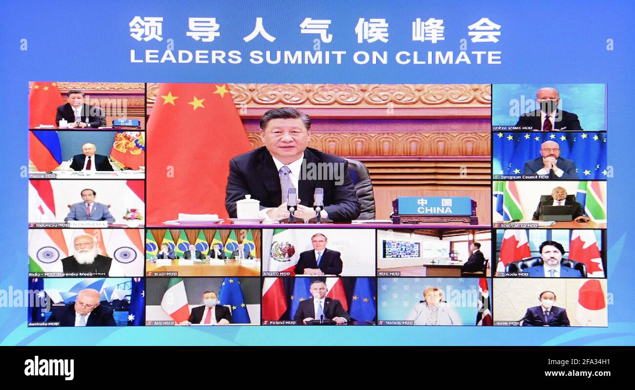 Beijing, China. 22nd Apr, 2021. At the invitation of U.S. President Joe Biden, Chinese President Xi Jinping attends the Leaders Summit on Climate via video link and delivers an important speech titled 'For Man and Nature: Building a Community of Life Together' in Beijing, capital of China, April 22, 2021. Credit: Li Xiang/Xinhua/Alamy Live News Stock Photo