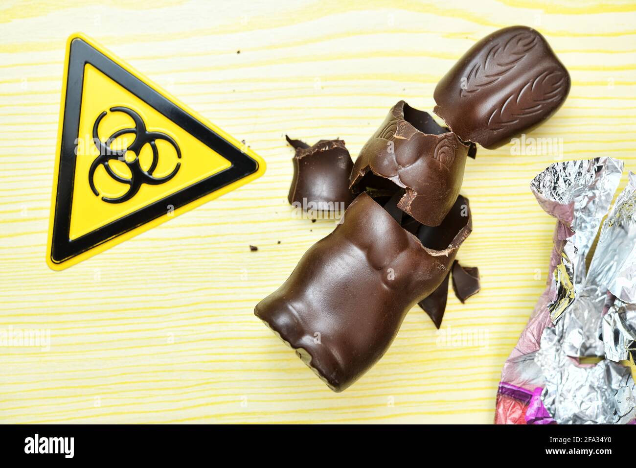 Broken Chocolate Easter Bunny And Biohazard Sign, Corona Easter Stock Photo