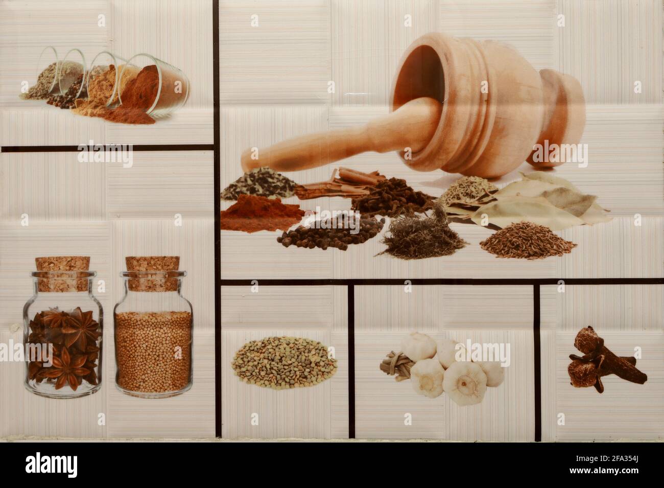 Herbs and spices on brown background Stock Photo