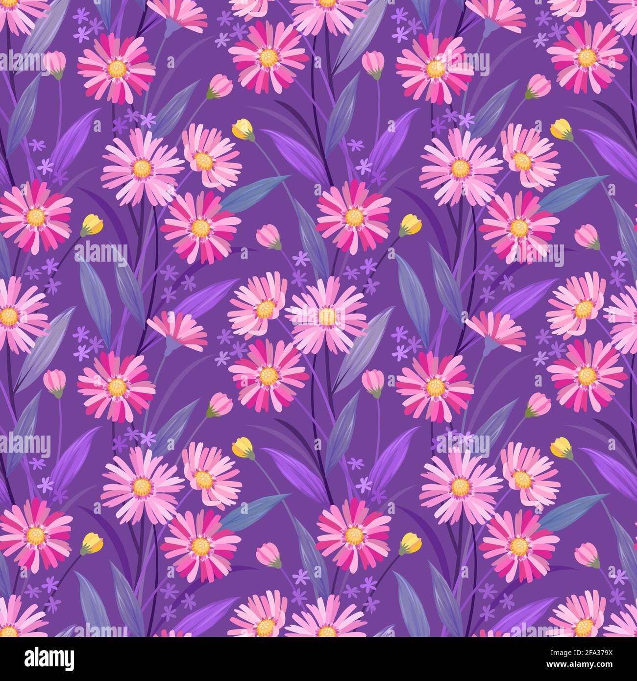 Pink hand drawn flowers on purple color background seamless pattern