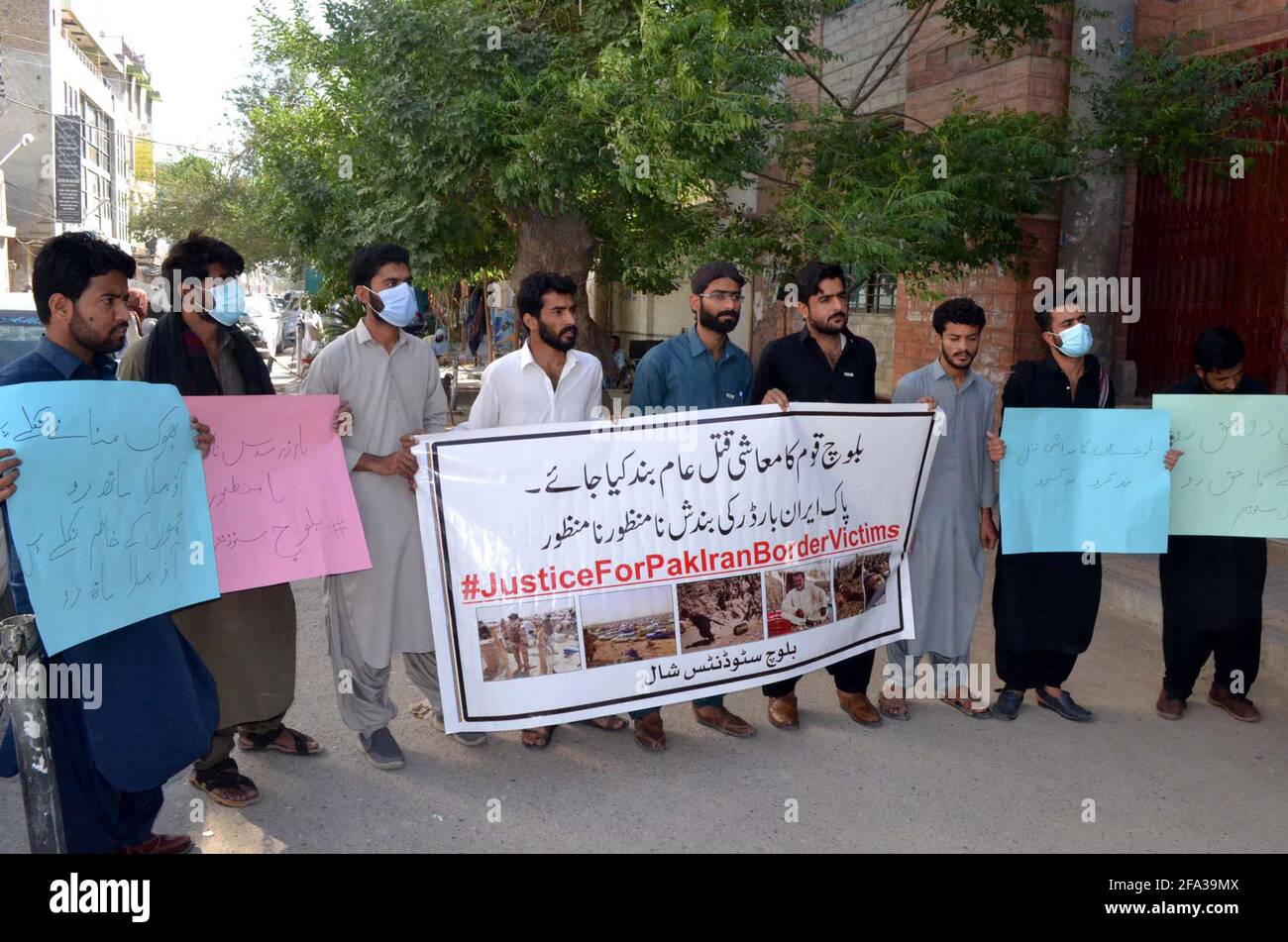 Members of Baloch Students Shal are holding protest demonstration against closure of Pak-Iran Border, at Quetta press club on Thursday, April 22, 2021. Stock Photo