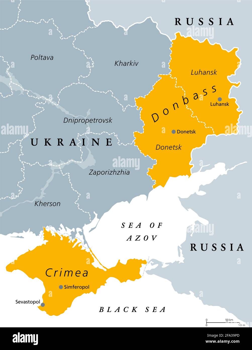 Donbass and Crimea, political map. Crimea peninsula on the coast of Black Sea, and Donbass region, formed by Donetsk and Luhansk region. Disputed area. Stock Photo