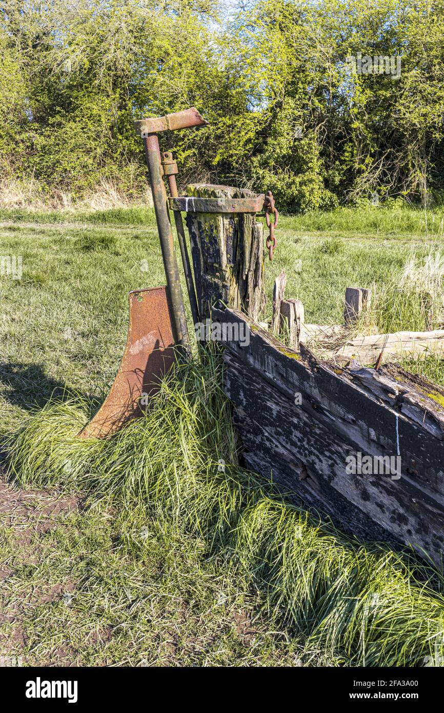 The remains of the 2 masted wooden schooner Catherine Ellen, one of many such vessels deliberately beached on the banks of the River Severn at Purton. Stock Photo