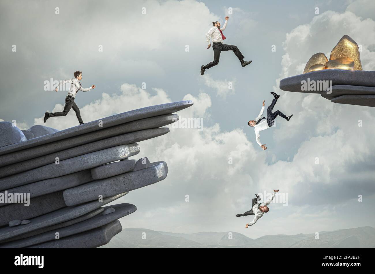 business people jump from a rock to reach the gold. some of them fall. challenge and determination concept. Stock Photo