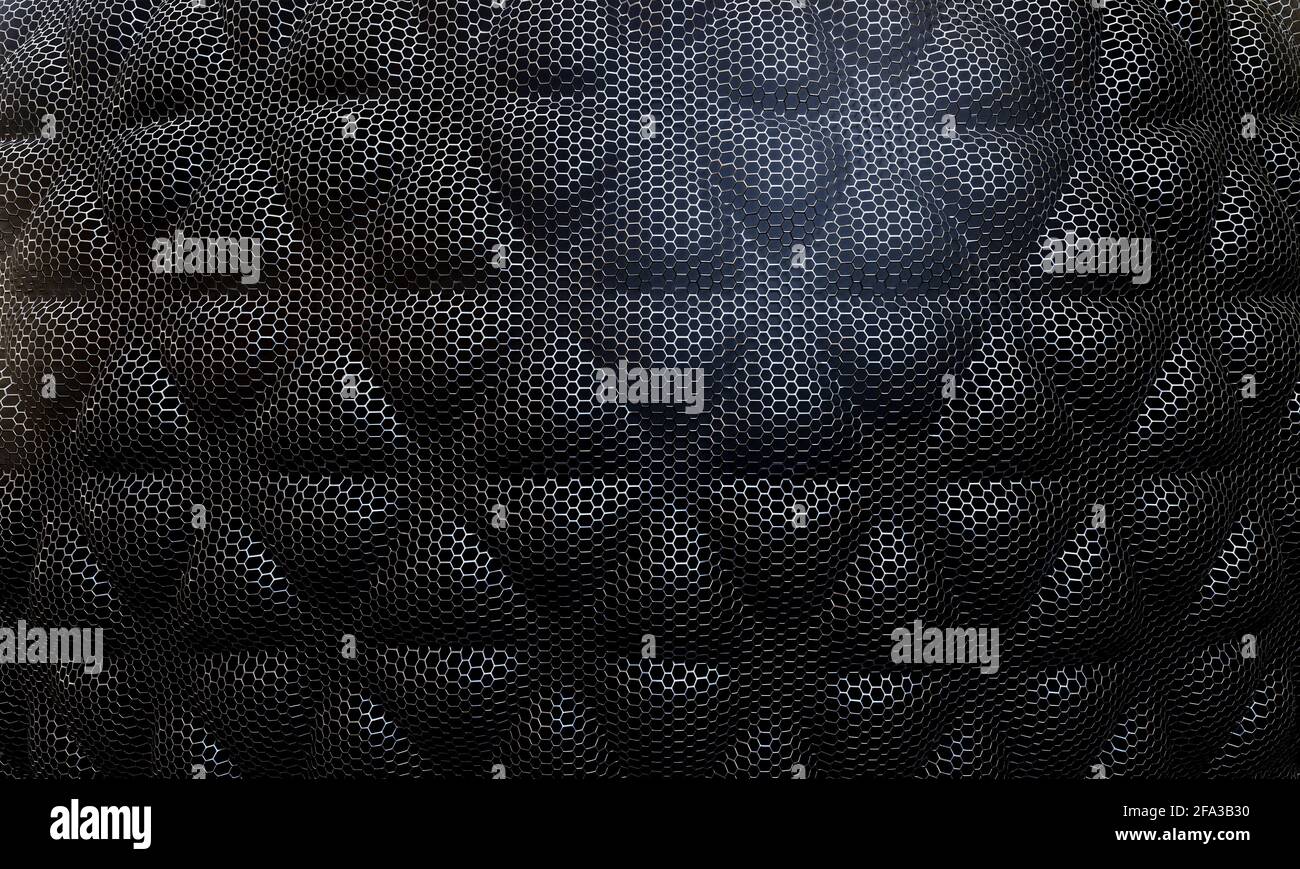 detail of a curved perforated sheet on a black background. 3d render. Stock Photo