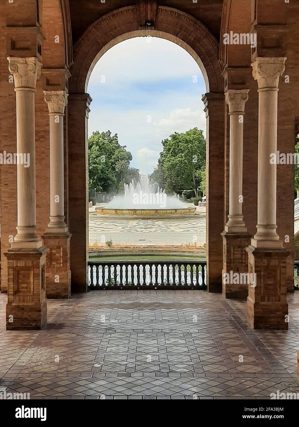 Water fountain in Plaza de España in Seville Stock Photo
