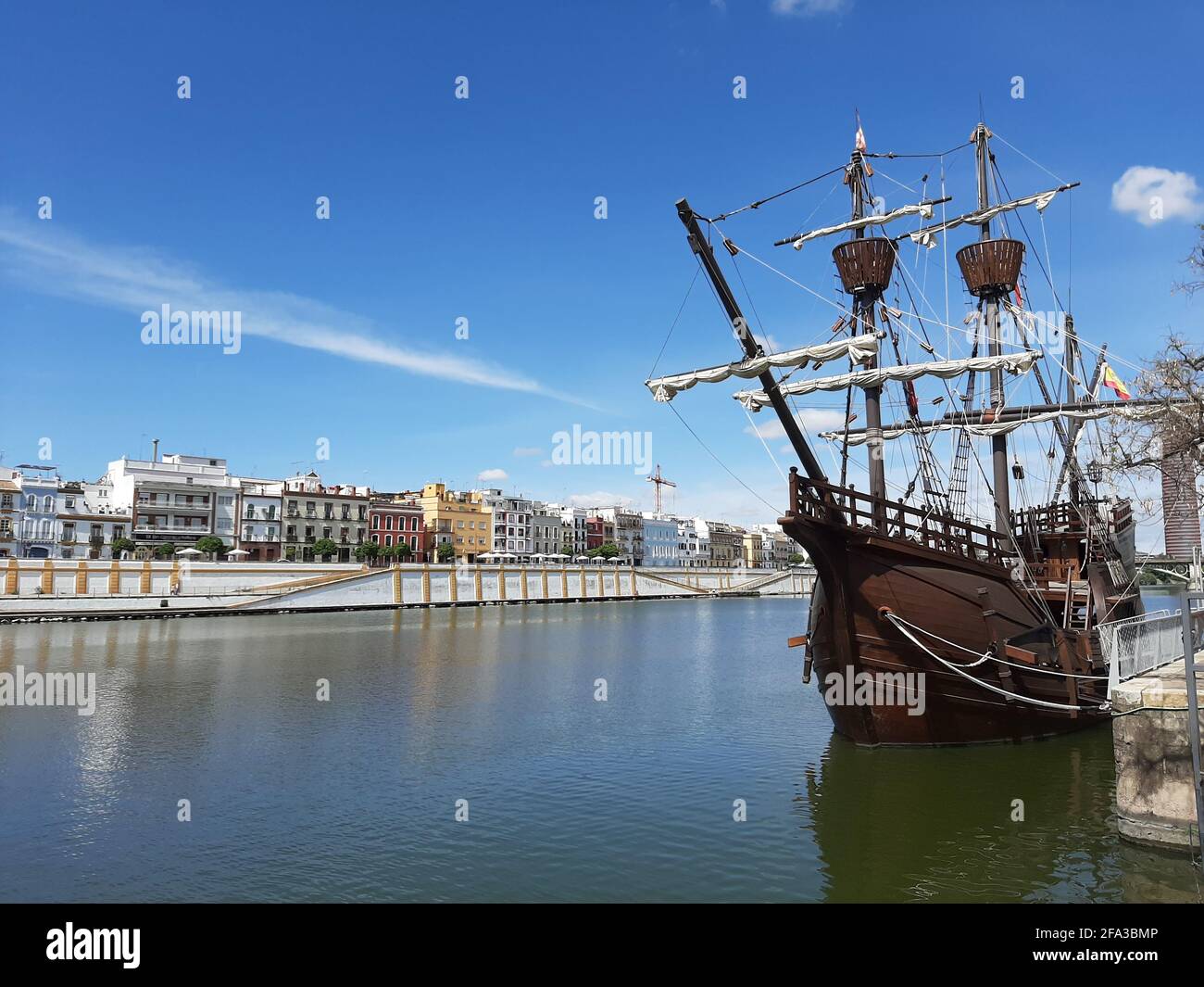 Old galleon moored in Seville Stock Photo