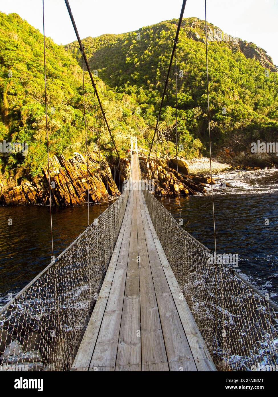 Straight on view of the Suspension bridge crossing the Storms River Mouth, Tsitsikamma, Garden Route National Park, South Africa in the late afternoon Stock Photo