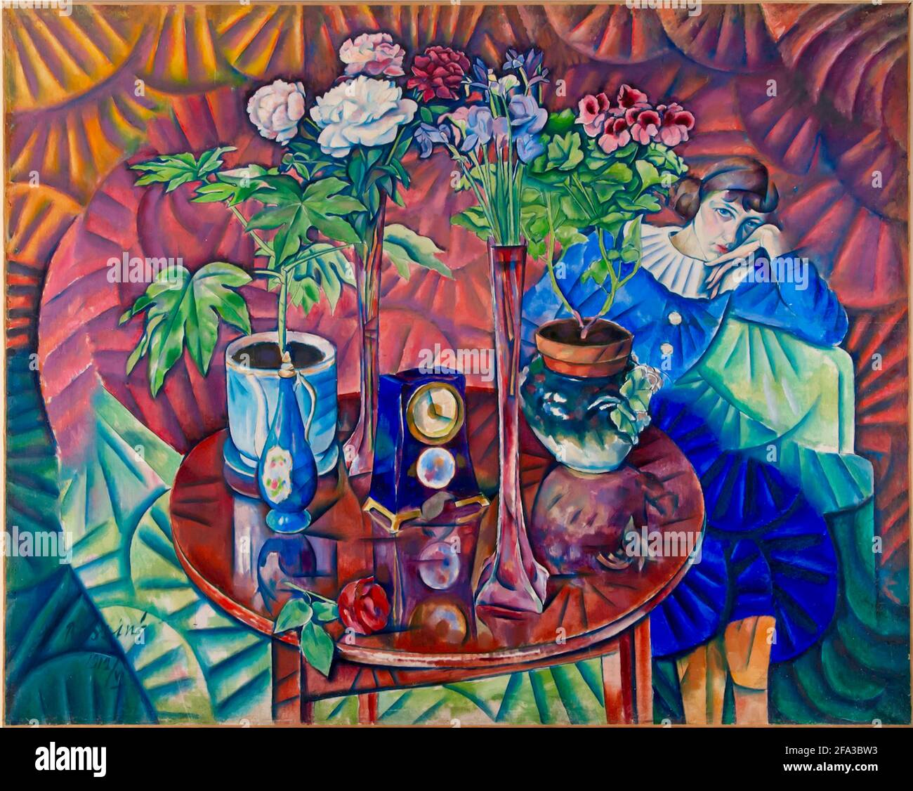 Vladimir Baranov-Rossine artwork entitled Cousin with Flowers. A woman sits, head in hand, at a table with flowers and a clock. Stock Photo
