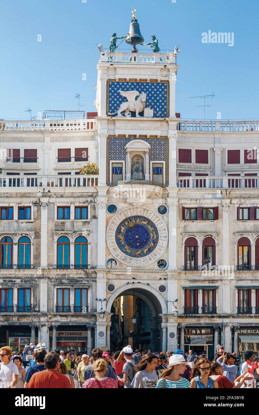 Venice, Venice Province, Veneto, Italy.  Torre dell'Orologio, or the Clock Tower, in Piazza San Marco.  The tower dates from the 1490's.  Venice and i Stock Photo