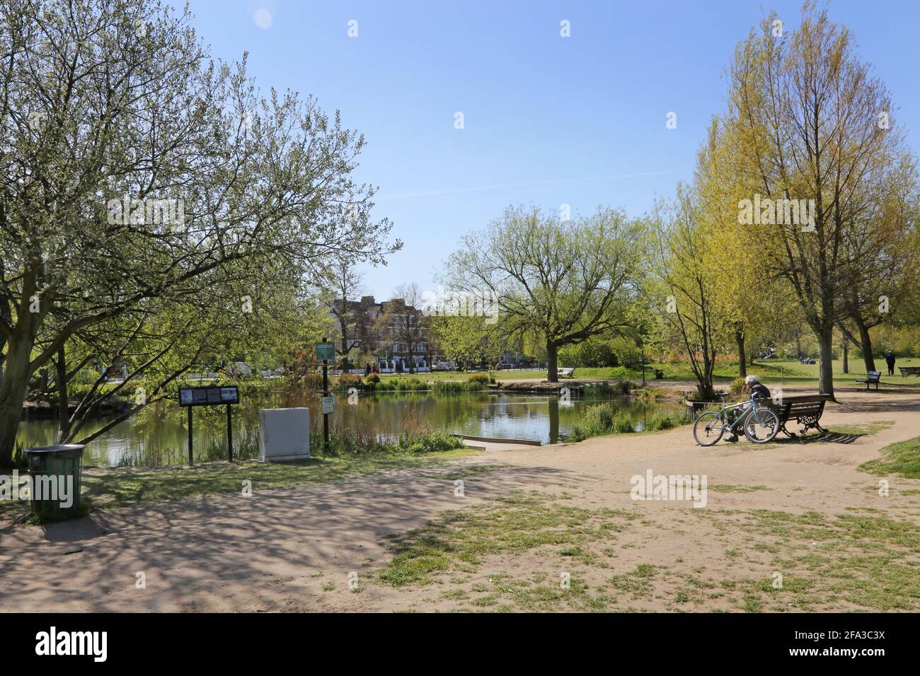 A cyclist sits on a bench overlooking Eagle Pond on Clapham Common, London. Sunny Spring day. Stock Photo