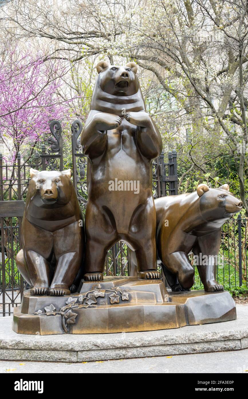 The Group of Bears Statue is beautiful in the Springtime, Central Park