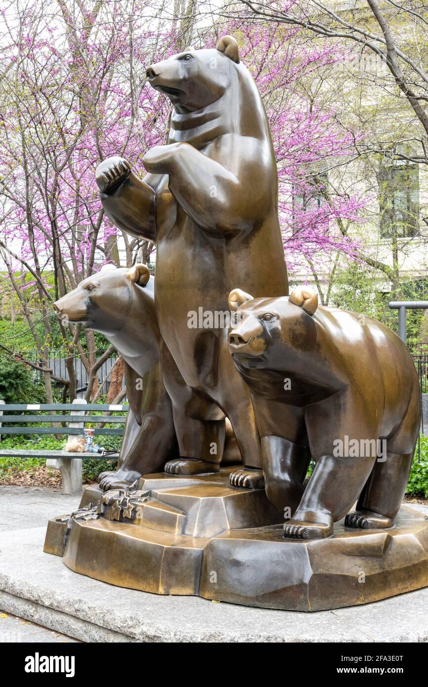 The Group of Bears Statue in the Springtime, Central Park, NYC Stock