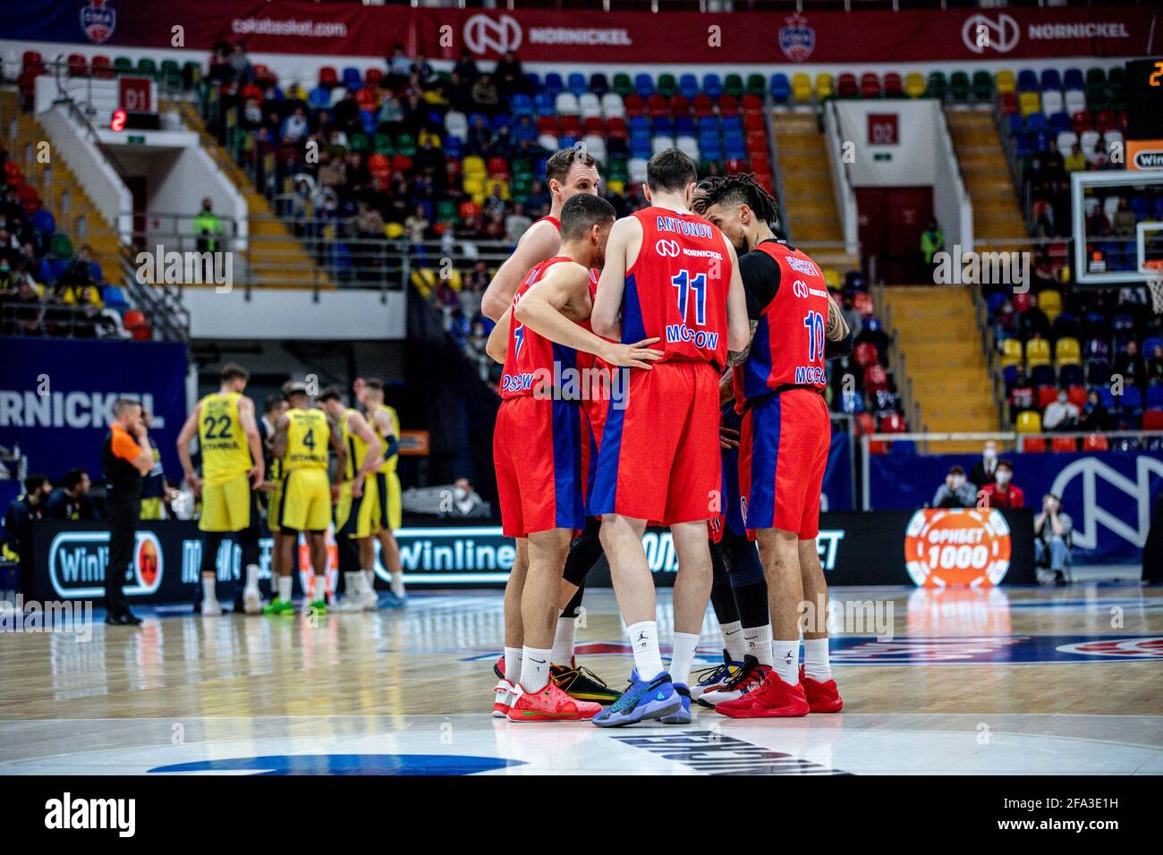 Moscow, Russia. 21st Apr, 2021. CSKA Moscow team seen in action during Game  1 of the Turkish Airlines EuroLeague Playoffs of 2020-2021 season between  CSKA Moscow and Fenerbahce Beko Istanbul at Megasport